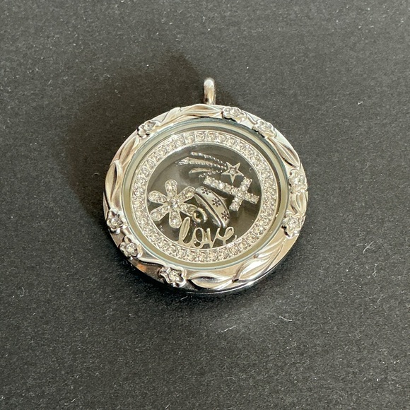 Origami Owl Silver Toned Locket W/ Cross, Love, Flower, Ornament, & Star Charms - Picture 2 of 4